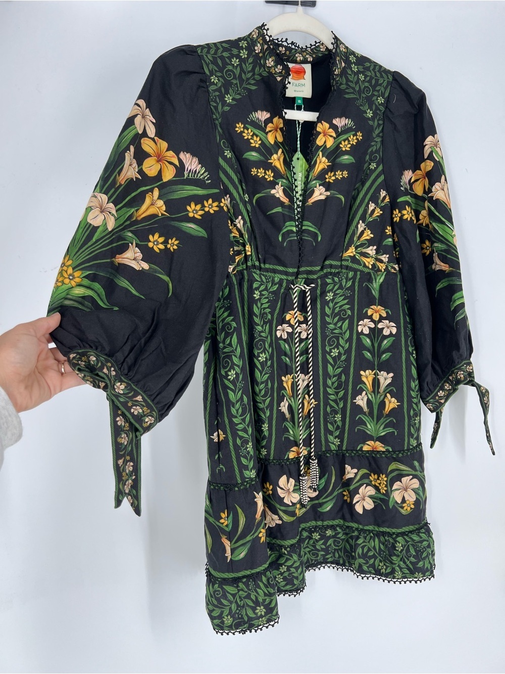 Farm Rio Flowers Arch Black Linen Floral Boho Lace Scalloped Mini Dress XS NWT - Picture 3 of 10
